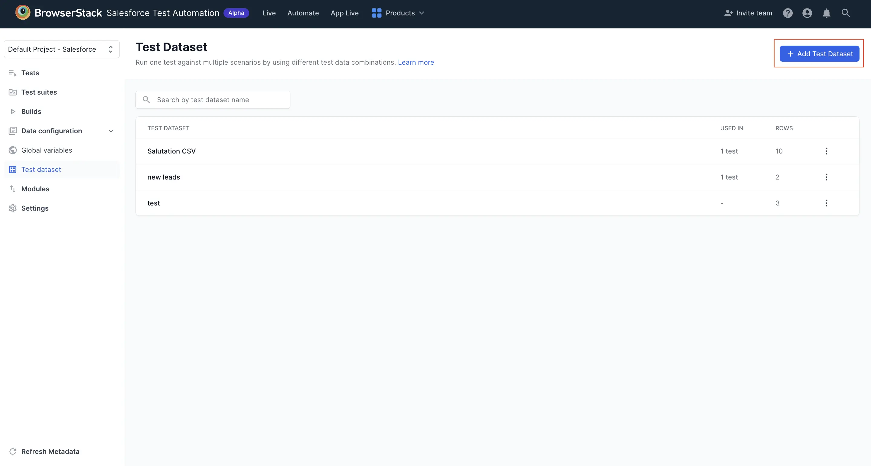 The Test dataset page with Add Test Dataset button highlighted