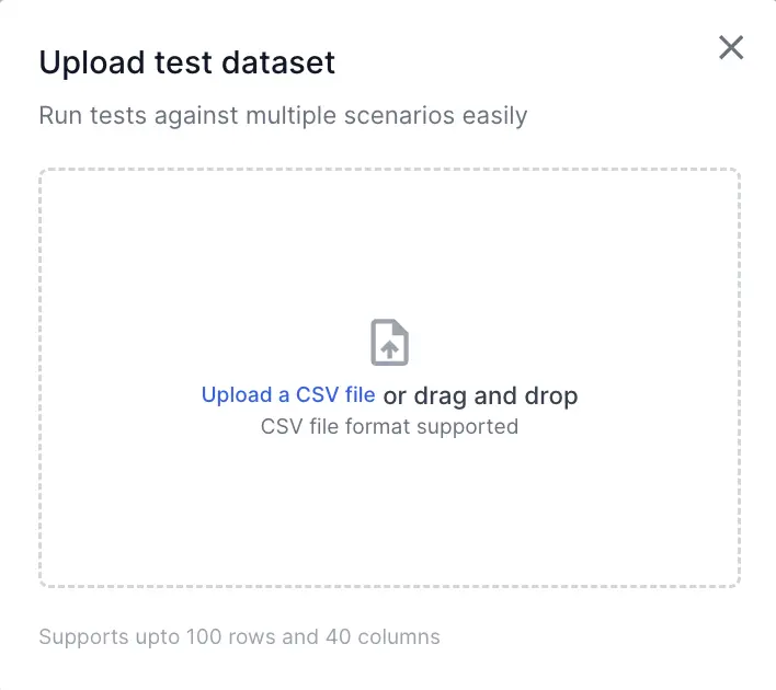 The Add test dataset dialog showing CSV file upload area and requirements