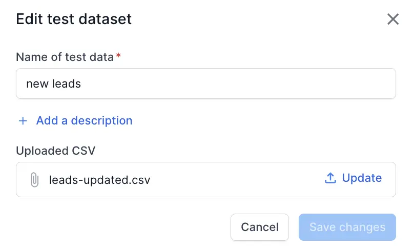 The Edit test dataset dialog showing name, description and CSV update fields