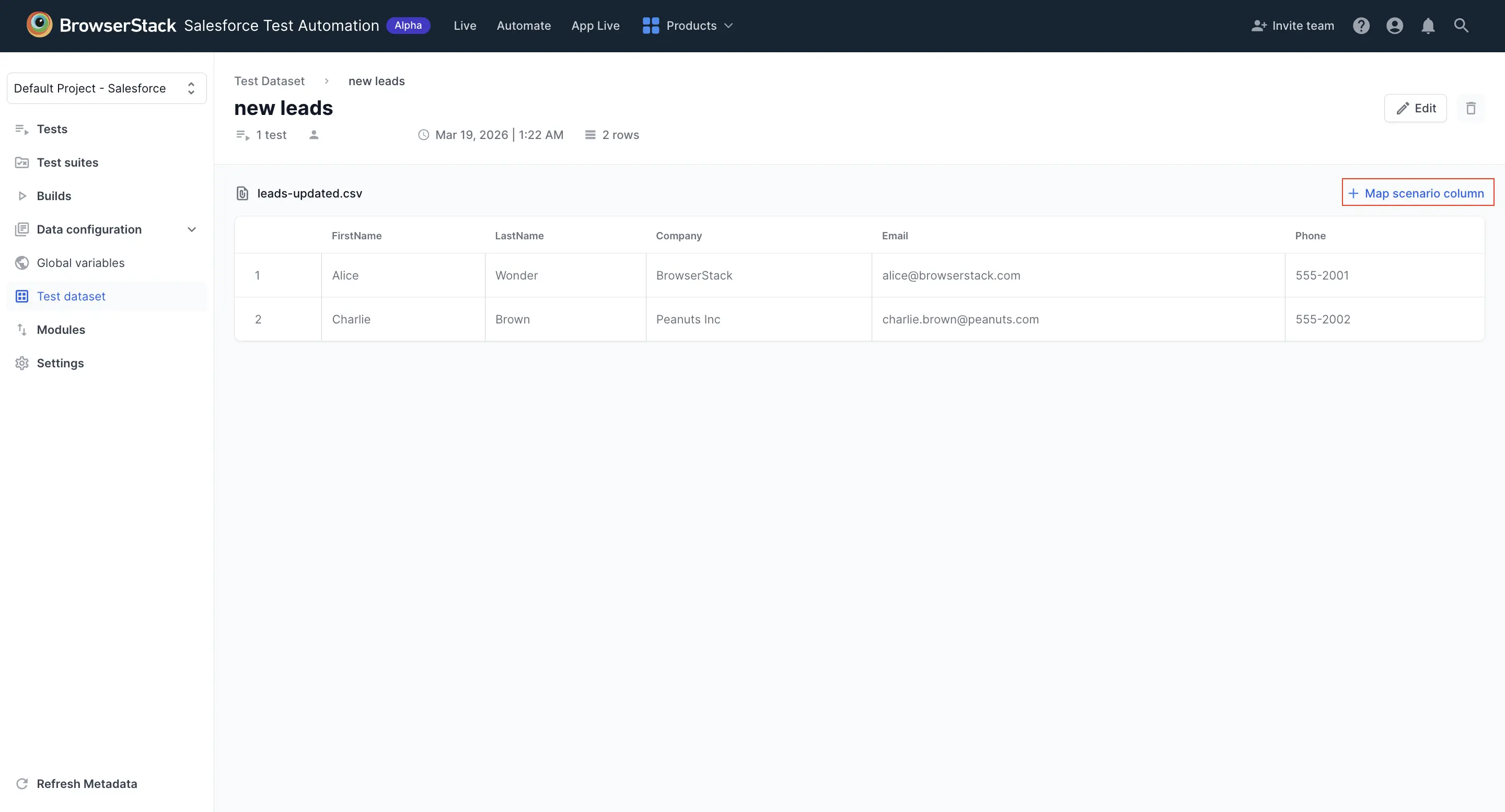 The test dataset table with Map a column as scenario button highlighted