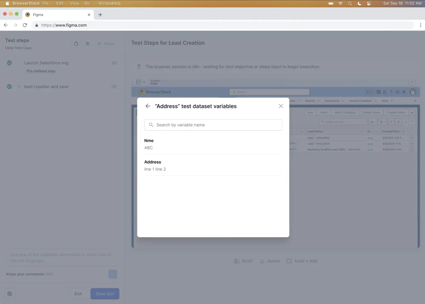 The test dataset variables dialog showing available columns to import