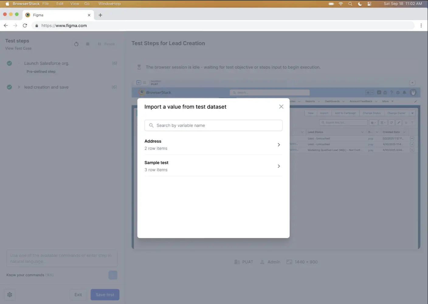 The Import a value from test dataset dialog showing available test datasets
