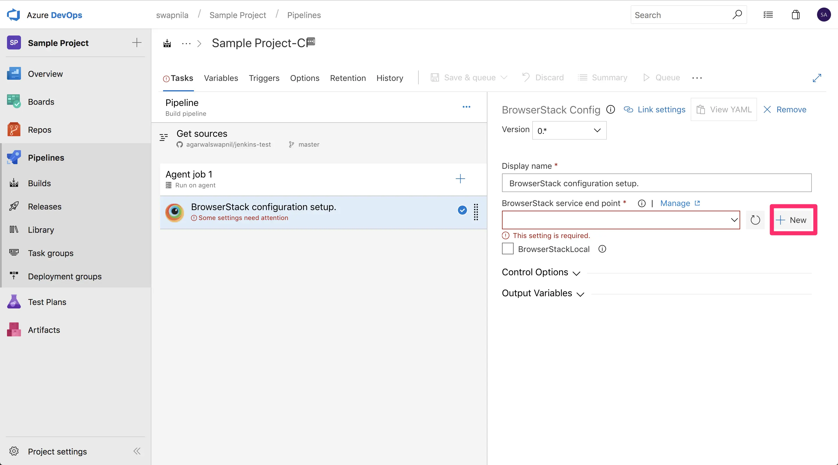 screenshot for sample project in azure pipelines