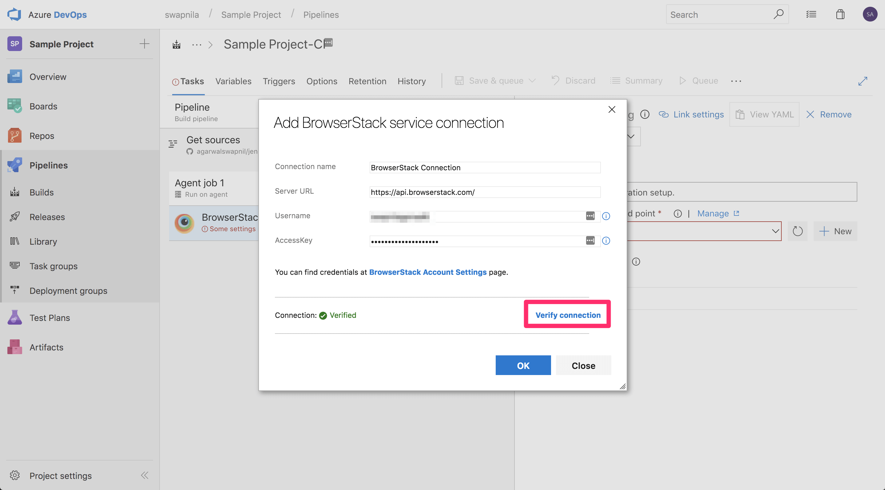 browserstack automate azure plugin verify connection