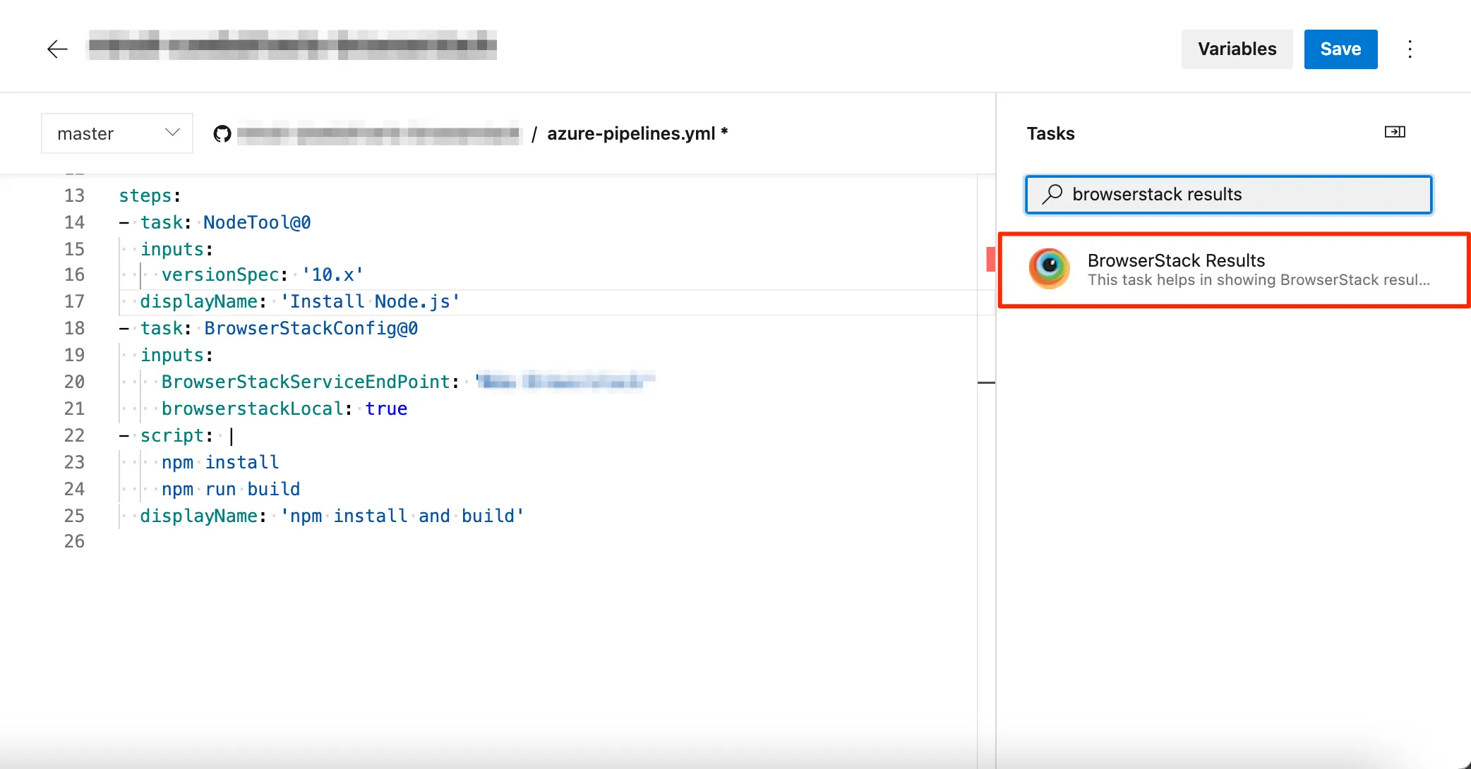 The Tasks pane in the Azure Pipelines YAML editor with the BrowserStack Results task selected