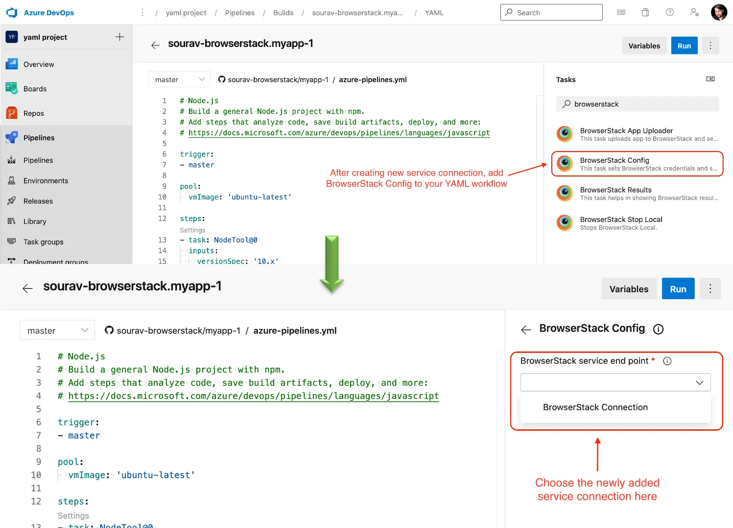 Connect to Browserstack Cloud and add syntax in yaml file