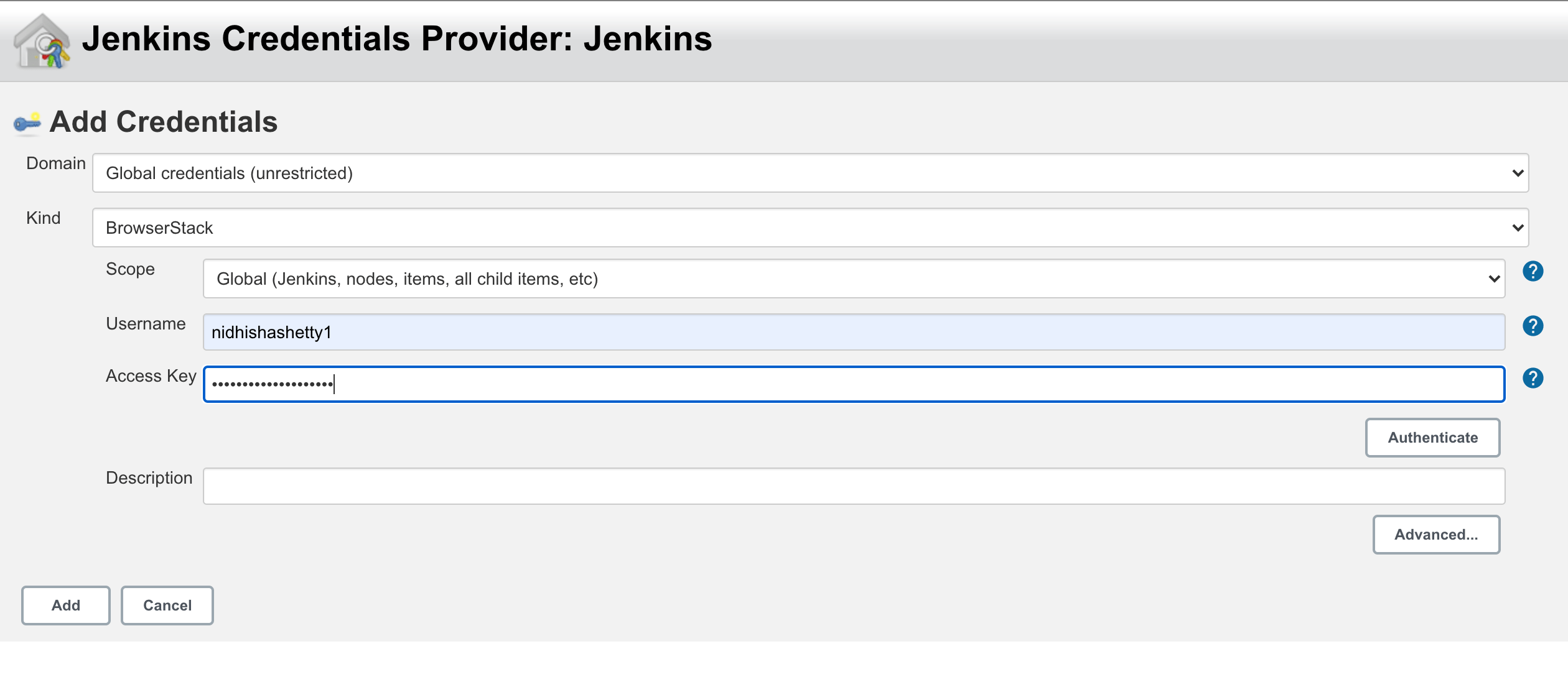 Adding browserstack credentials on jenkins