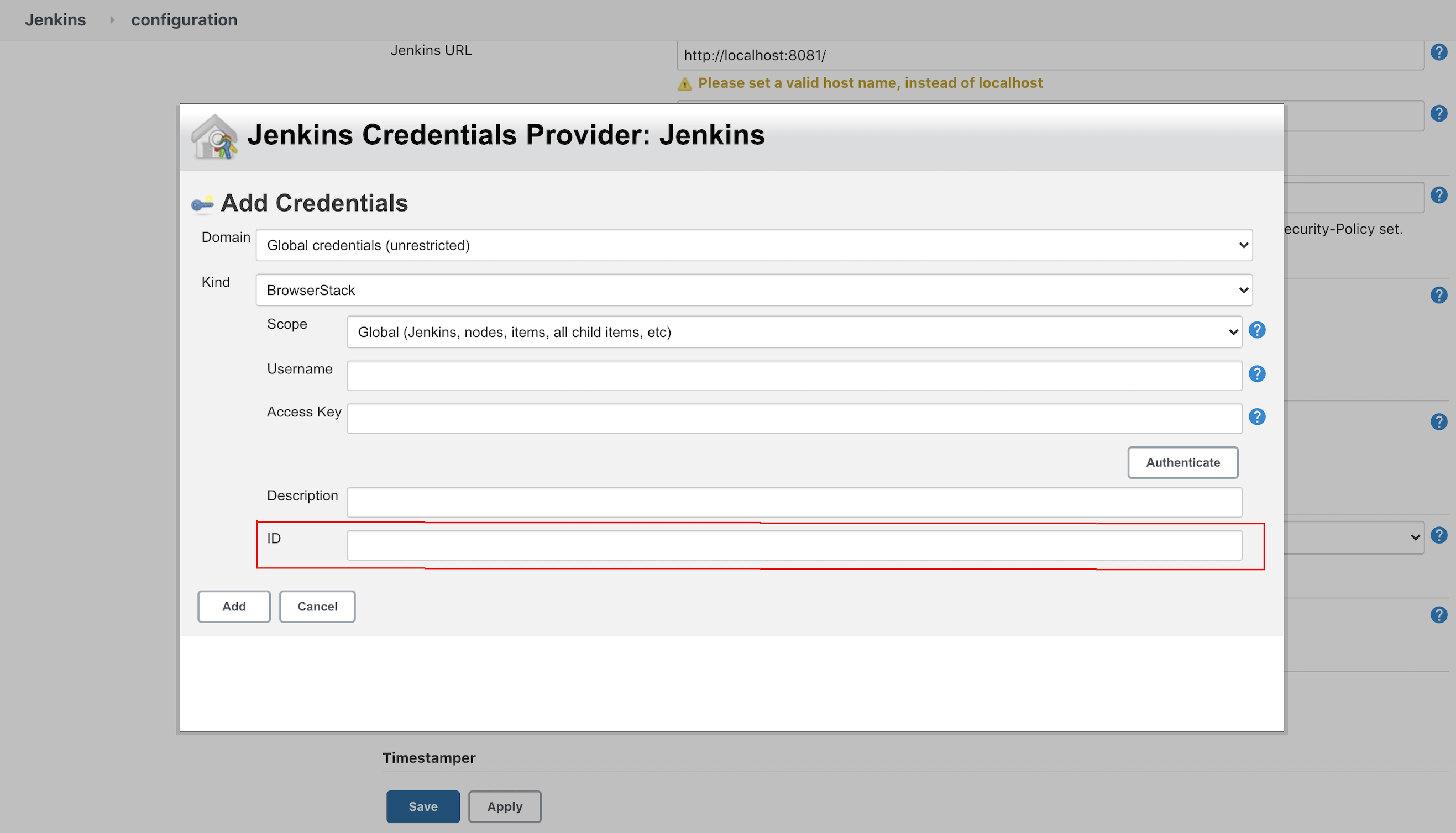 Image showing Jenkins Credential Provider form where the text box and label around ID are highlighted