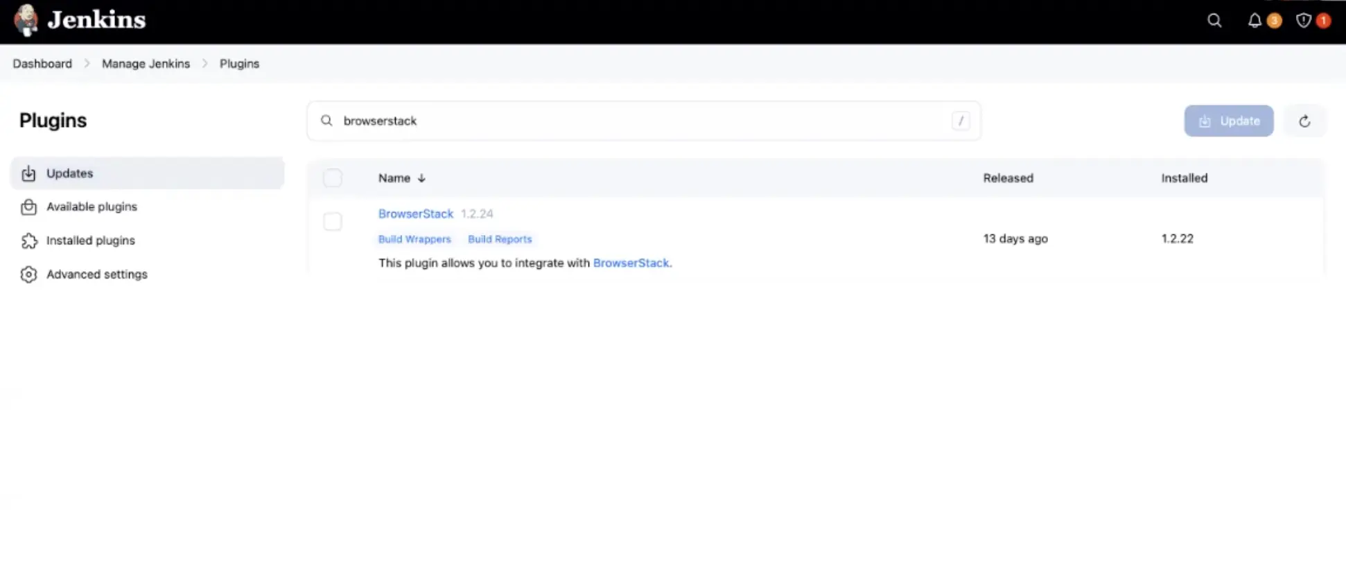 Image showing page asking user to choose BrowserStack from the list of available plugins