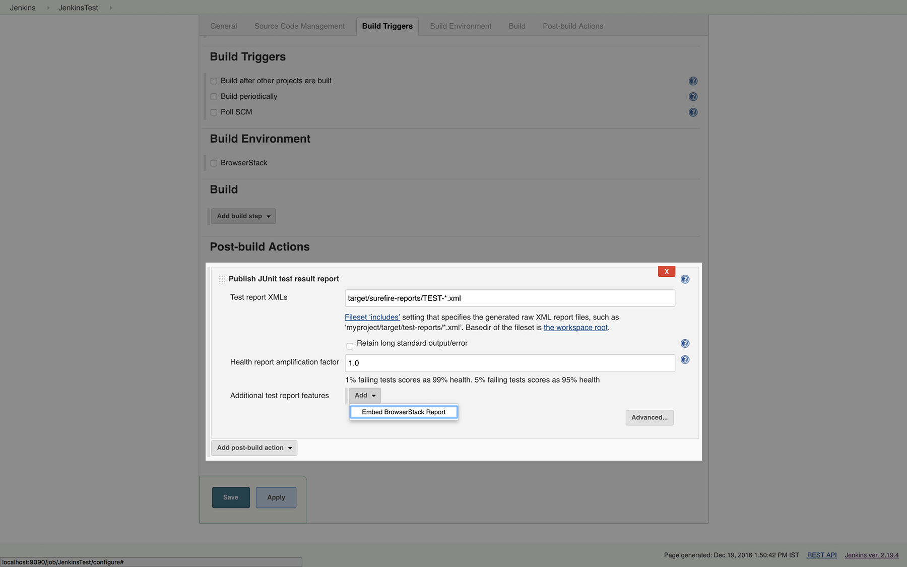 Embedding BrowserStack reports in additional test report features section