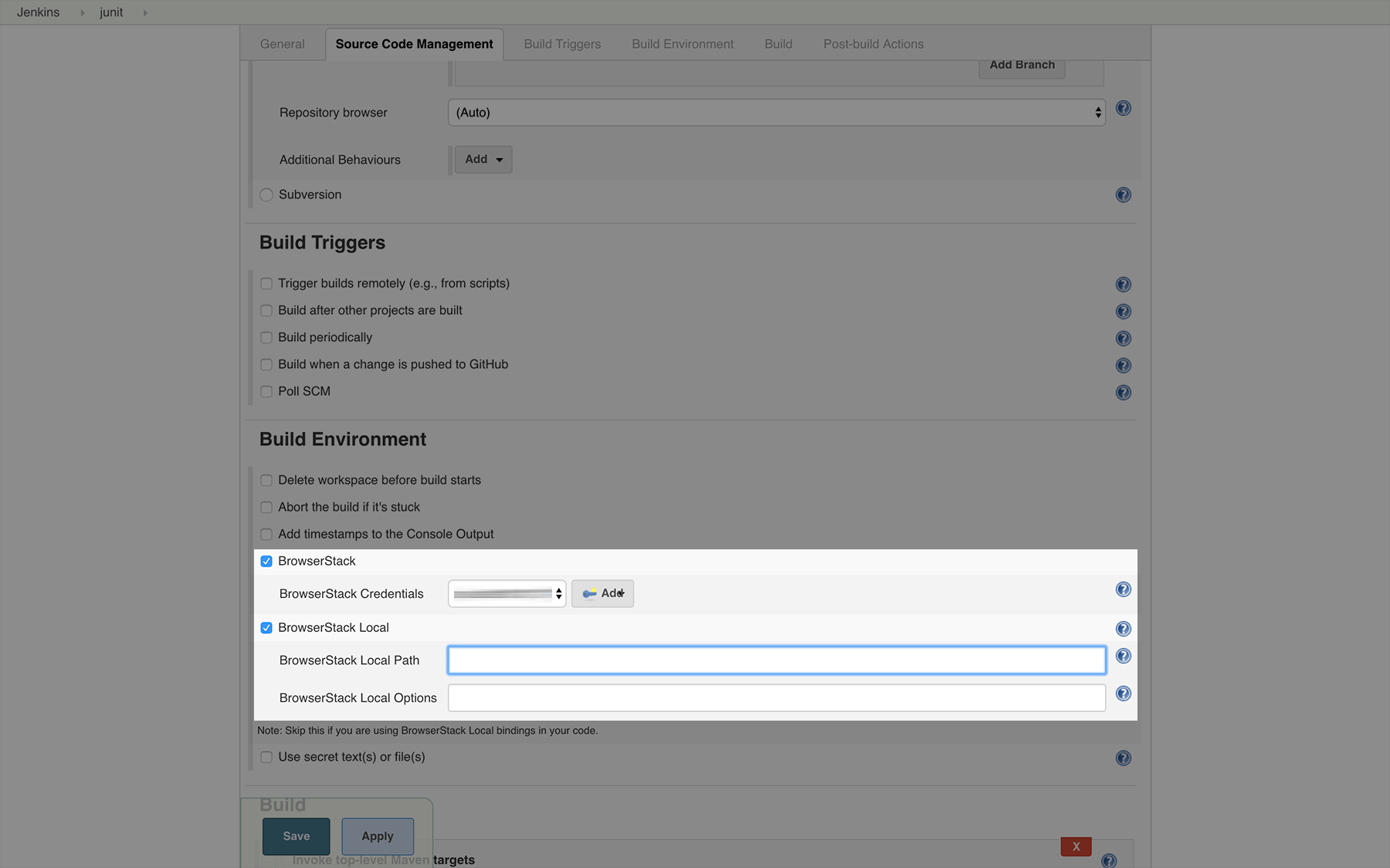 BrowserStackLocal checkbox under Build Environment Section