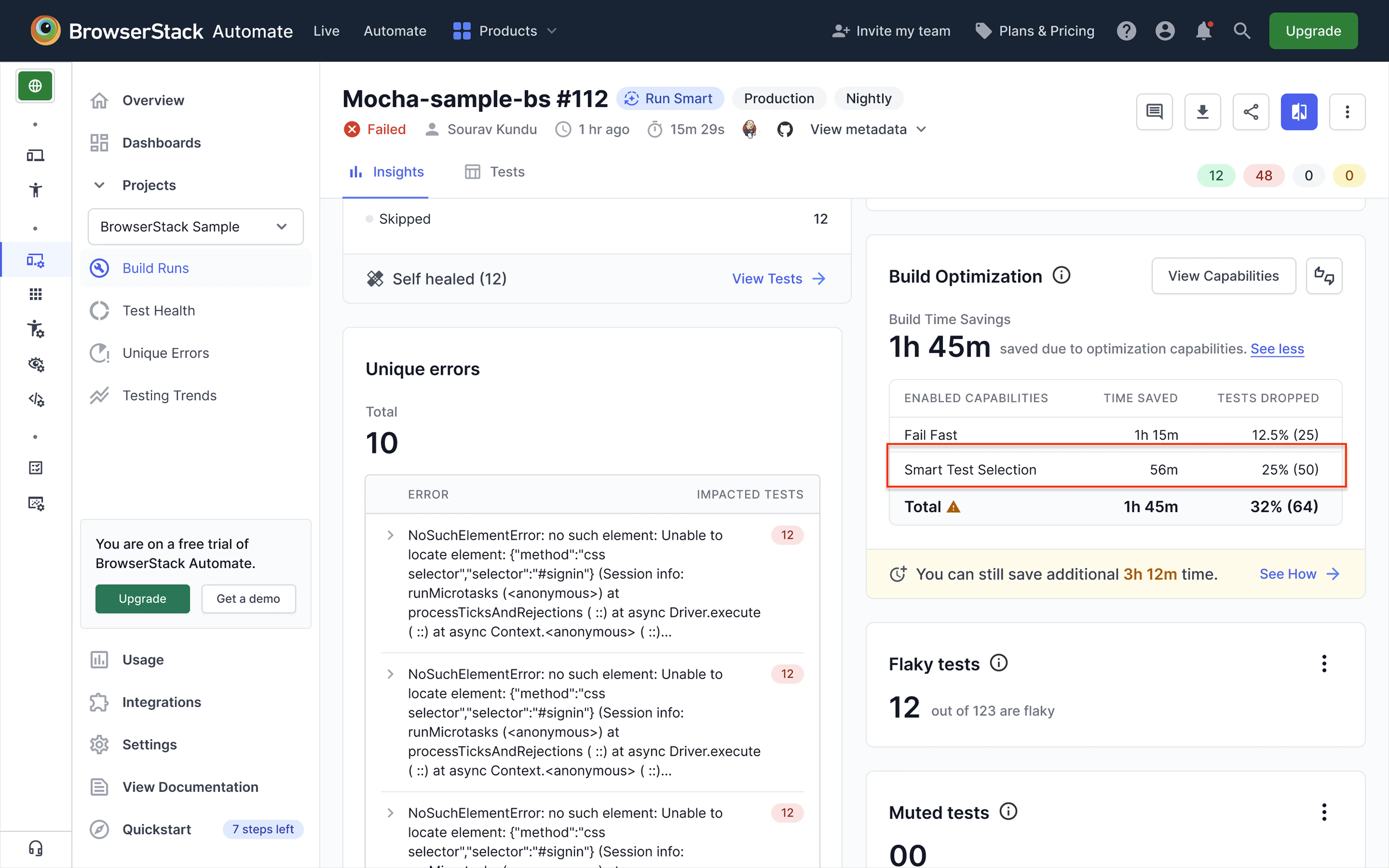 Screenshot of dashboard highlighting build time savings