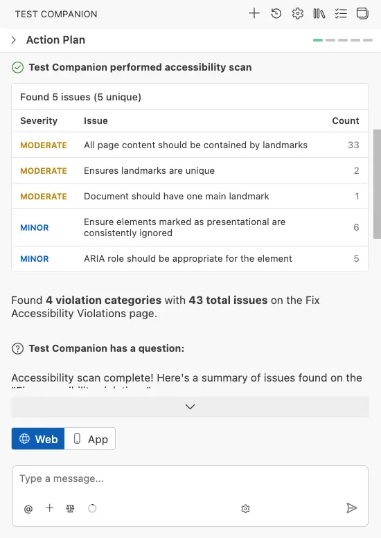 Accessibility scan results showing identified violations grouped by severity