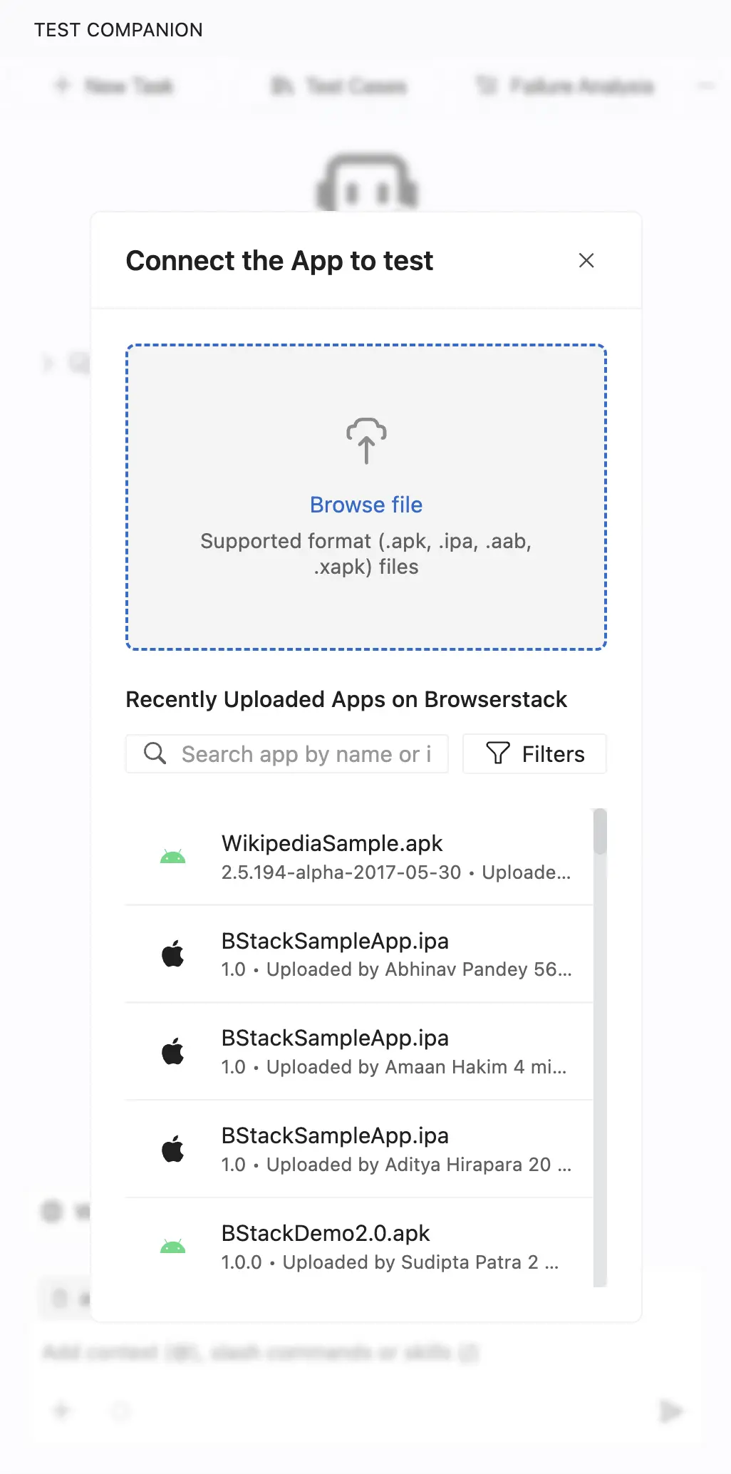 The Connect the App to test dialog, showing the Browse file upload area, the supported file formats, and the list of apps already uploaded to your account