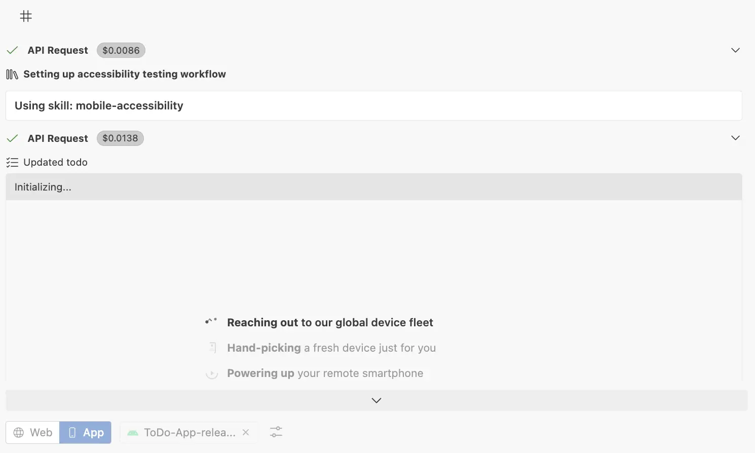 Test Companion setting up the accessibility testing workflow and provisioning a real BrowserStack device before the scan begins