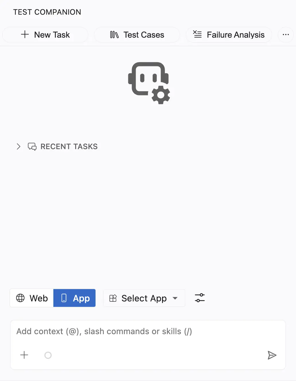 The Test Companion panel in App mode, with the App toggle selected and the Select App button beside it, ready to connect an app