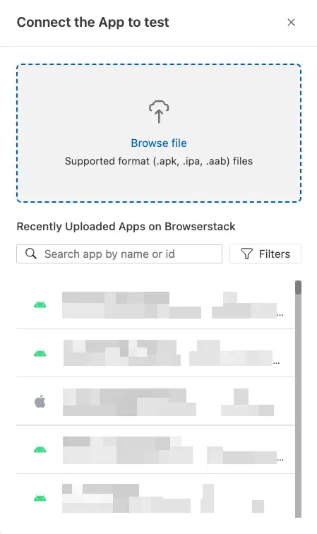 Recently uploaded apps list in the Connect the App to test dialog