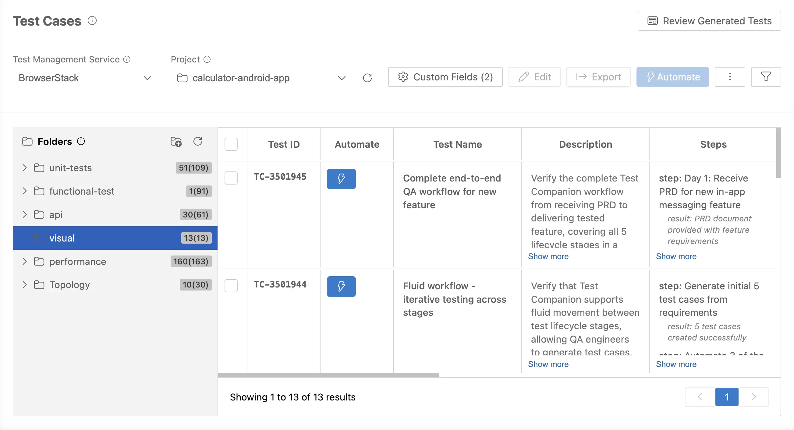 Selected test cases shown in the Test Cases panel
