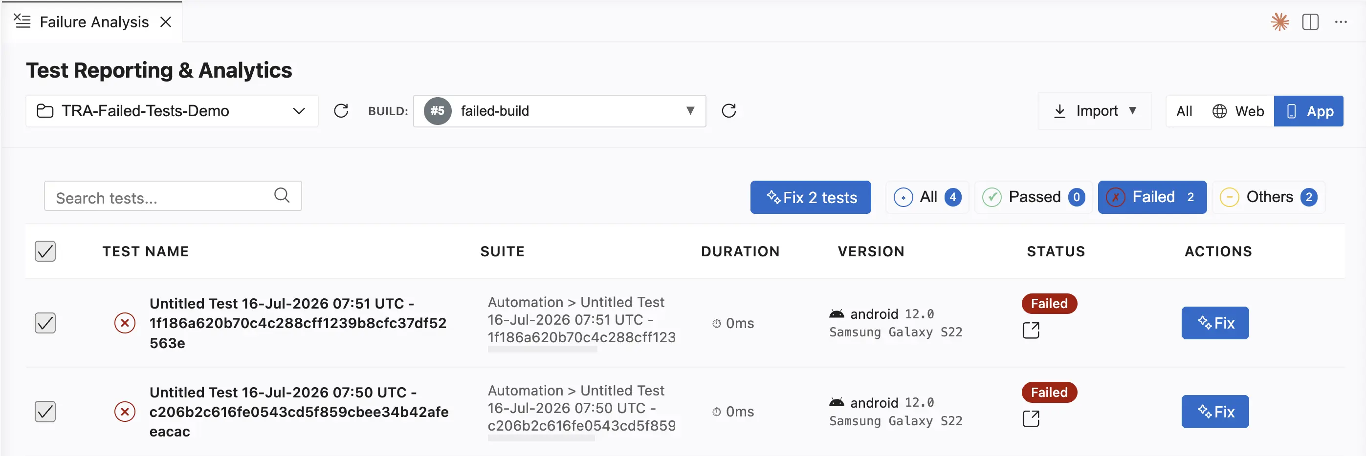 App build in the Failure Analysis panel with two failed Android tests selected and the button showing Fix 2 tests