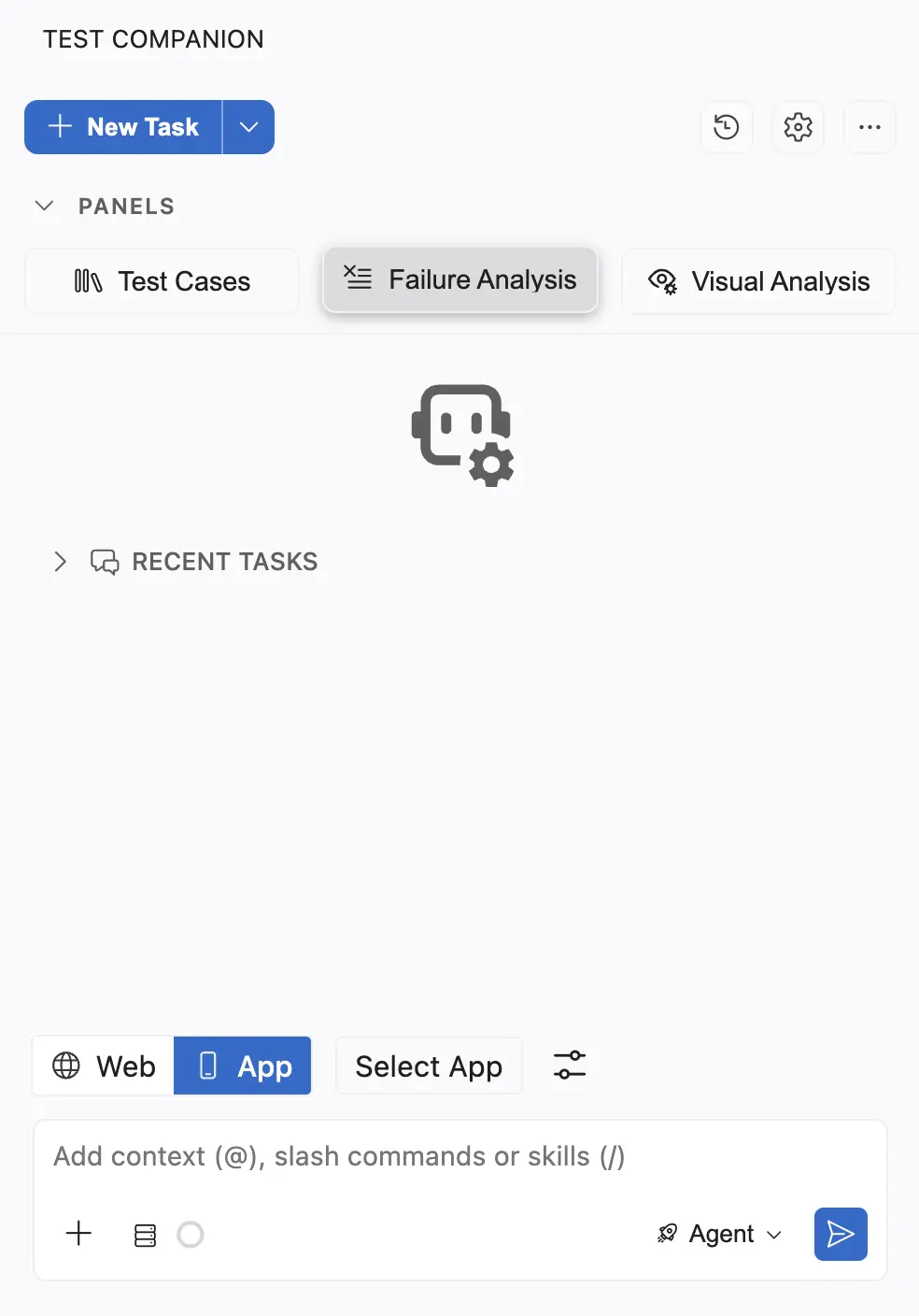 Test Companion panel in App mode with the Failure Analysis button highlighted under Panels