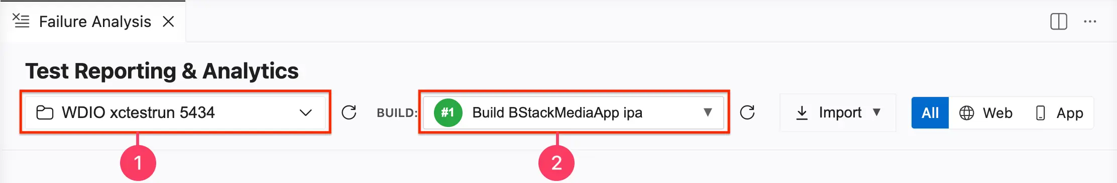Failure Analysis panel with callouts on the project dropdown and the Build dropdown for an app build