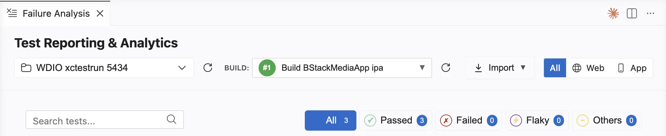 Status filters for an app build, with the All, Passed, Failed, Flaky, and Others tabs and their counts