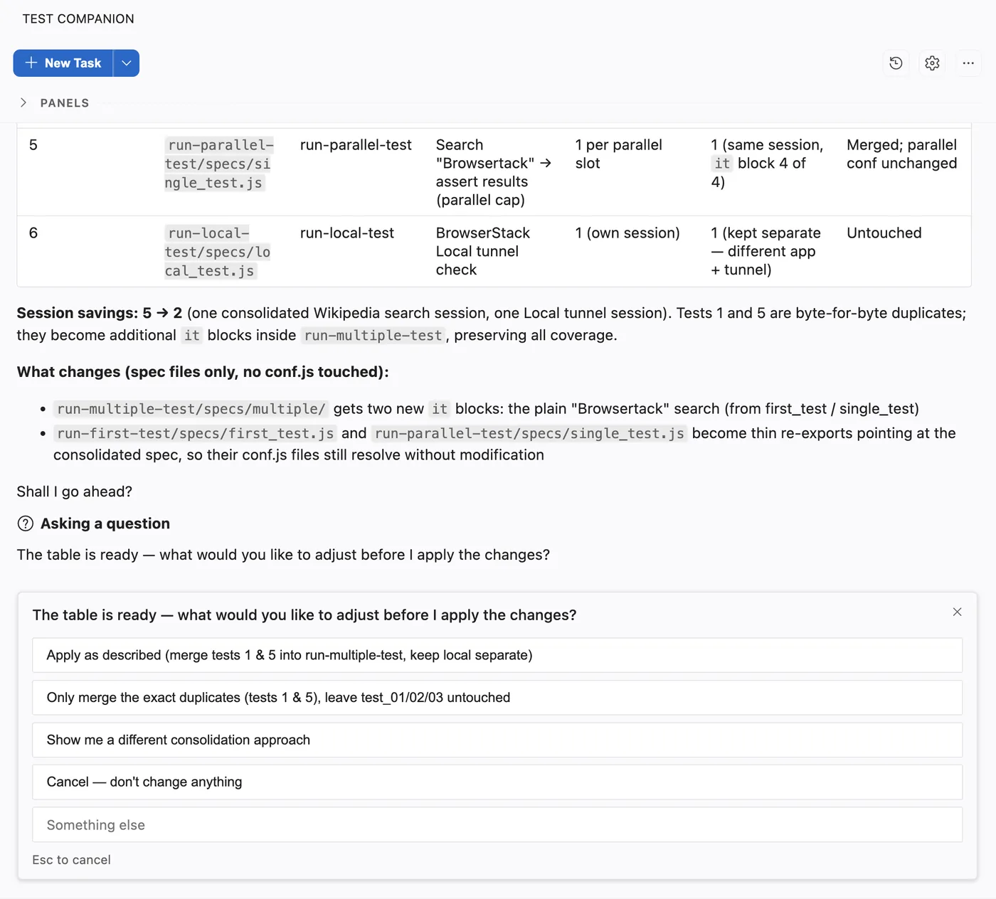 Approval question below the change table, with options to apply as described, merge only exact duplicates, see a different approach, or cancel