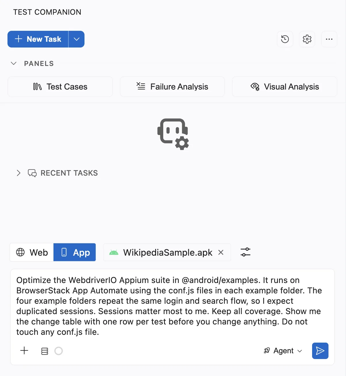 Test Companion in App mode with WikipediaSample.apk attached and an optimize prompt typed in the chat box