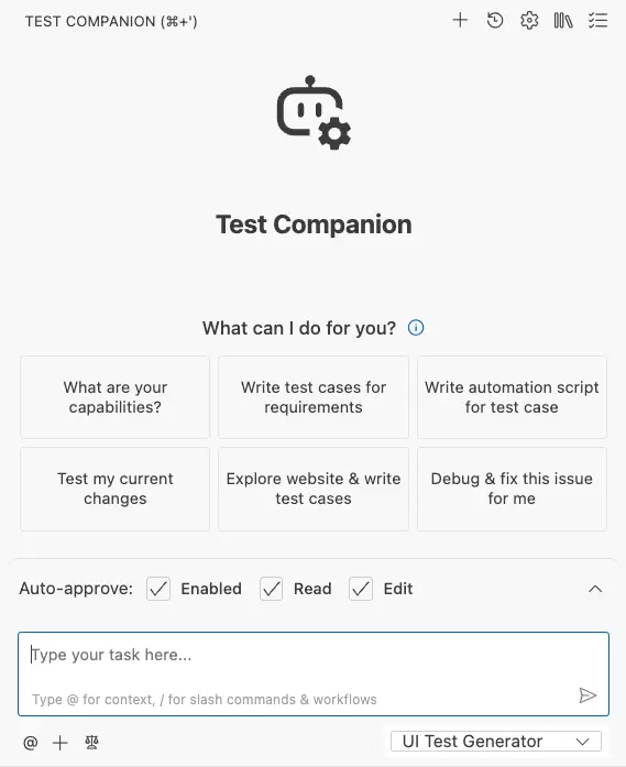 Select UI test generator agent from the dropdown