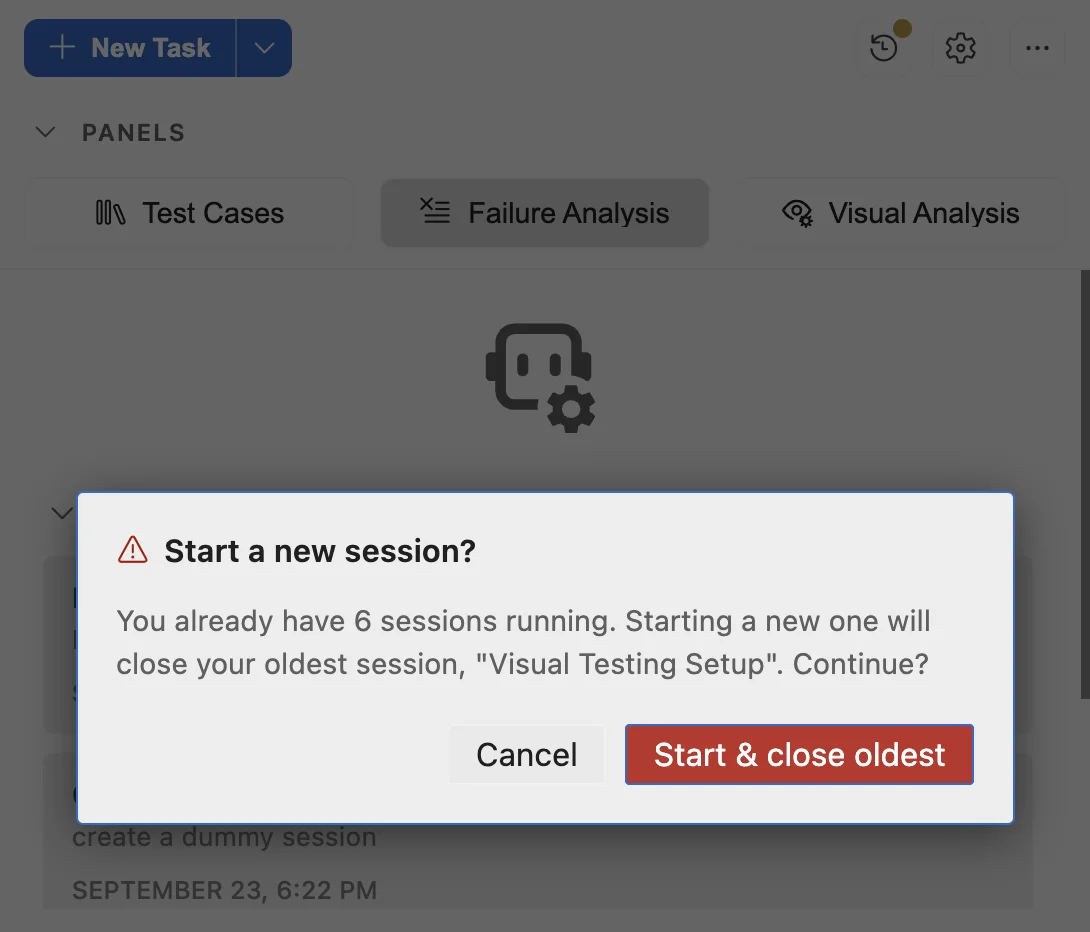 Start a new session? dialog naming the oldest task, with Cancel and Start & close oldest buttons