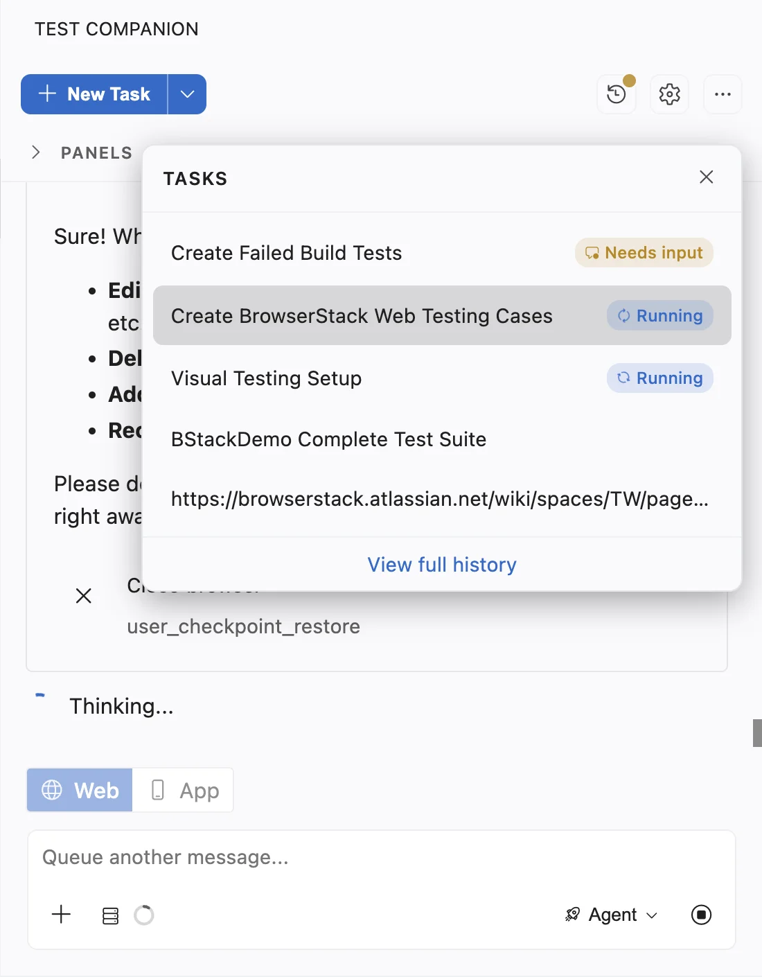 Tasks panel showing one task with a Needs input badge and two tasks with Running badges