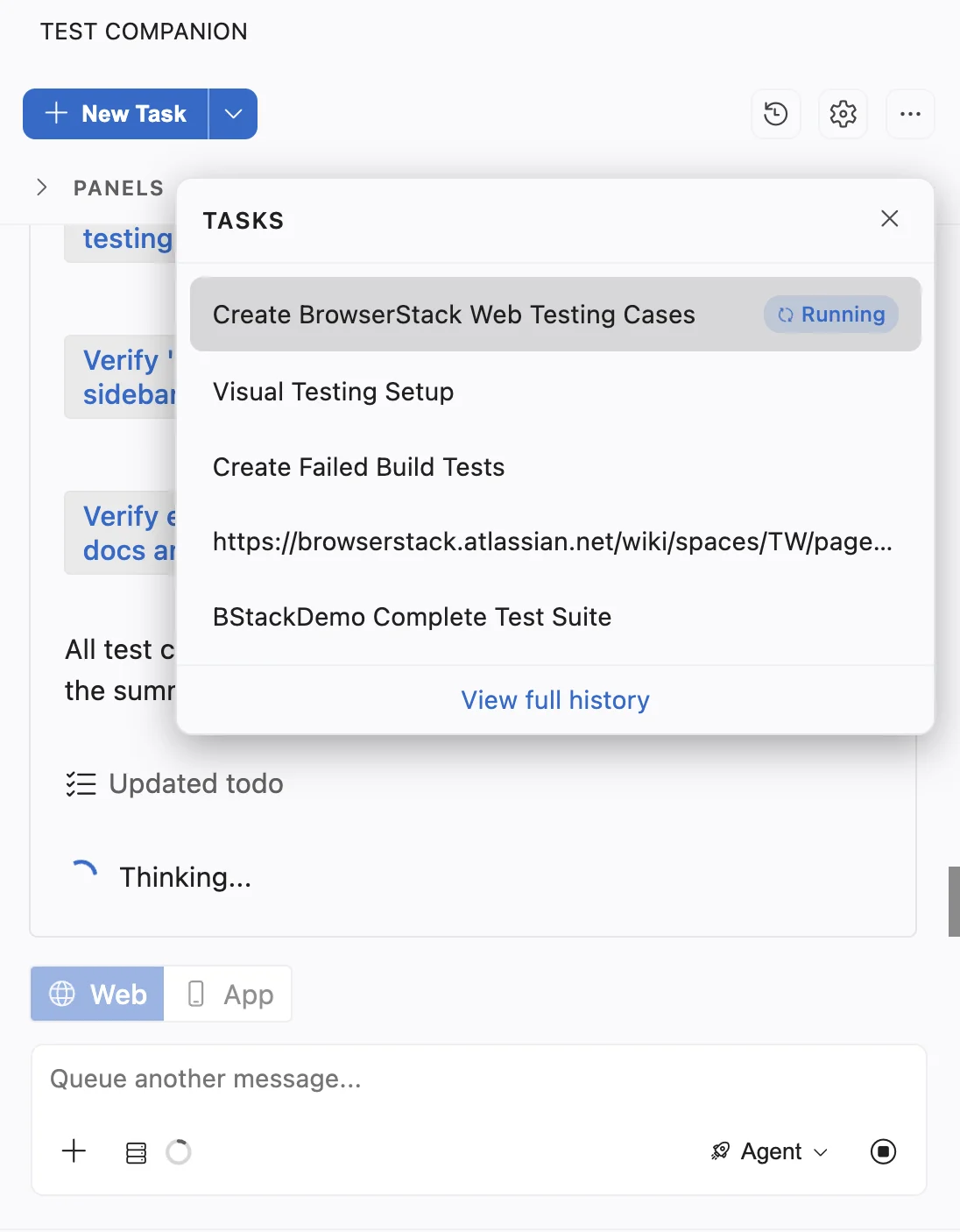 Tasks panel with the running task Create BrowserStack Web Testing Cases highlighted, and its chat visible behind the panel