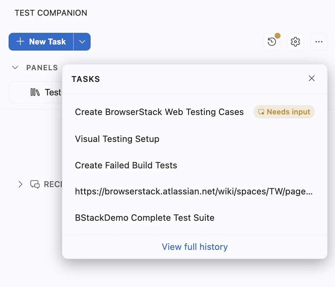 Tasks panel listing five tasks, the first marked Needs input, with a View full history link at the bottom