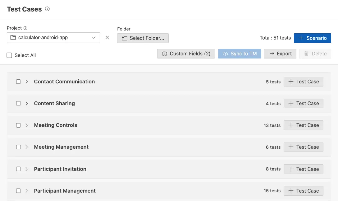 Click the Custom Fields button located in the top action bar of the Test Cases panel