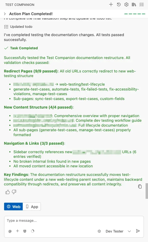 Review the results in the test companion side panel