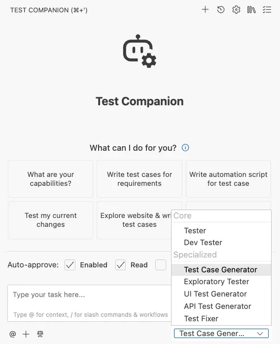 Select test case generator from the dropdown