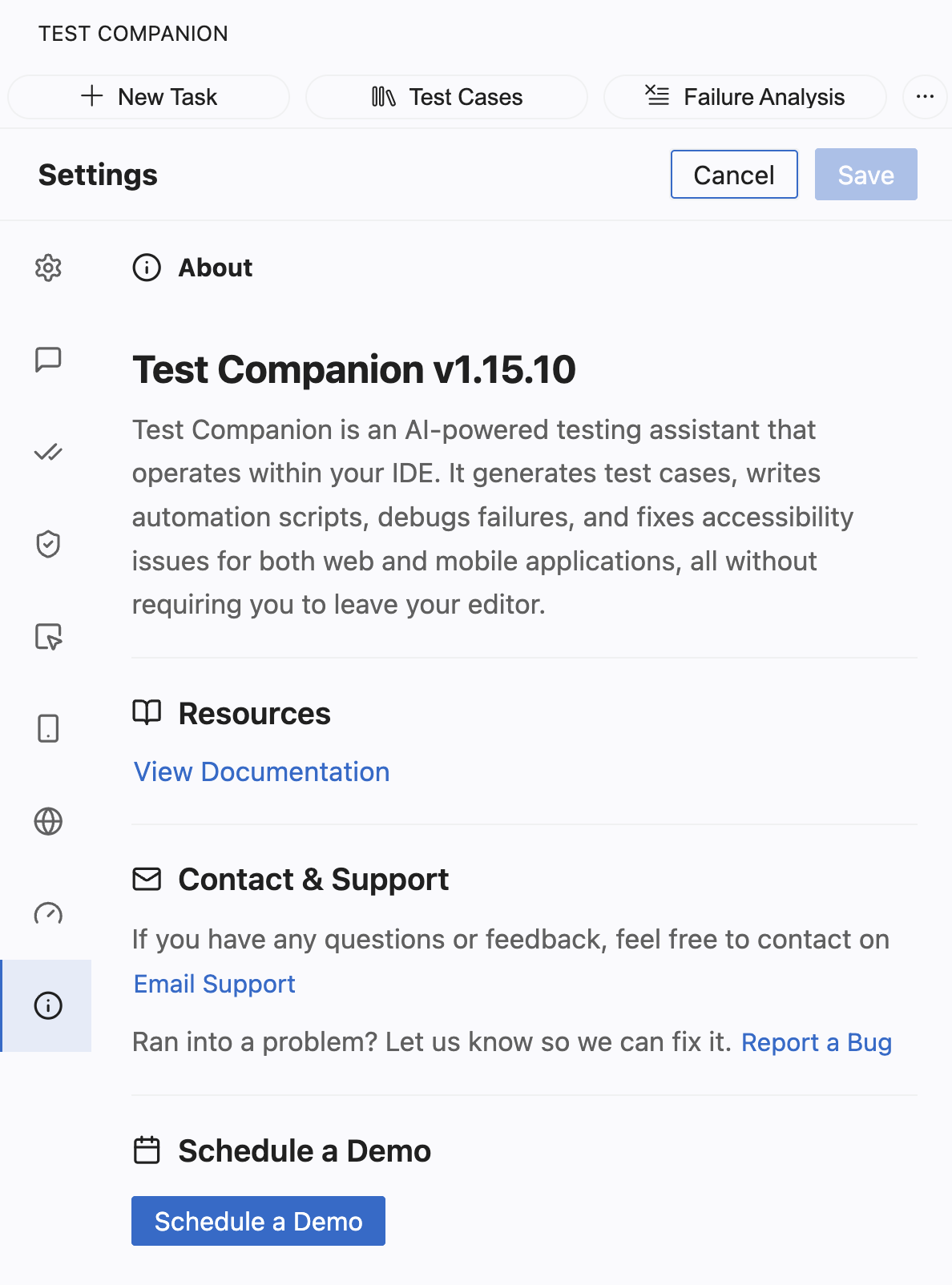 Info tab open, showing the About panel with the version, View Documentation, Email Support, Report a Bug, and Schedule a Demo options