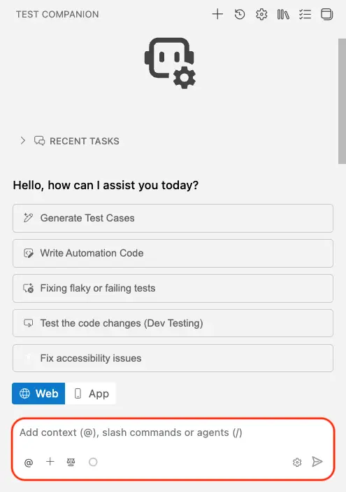 Provide AI with context using the chatbox controls including file attachments and @ references