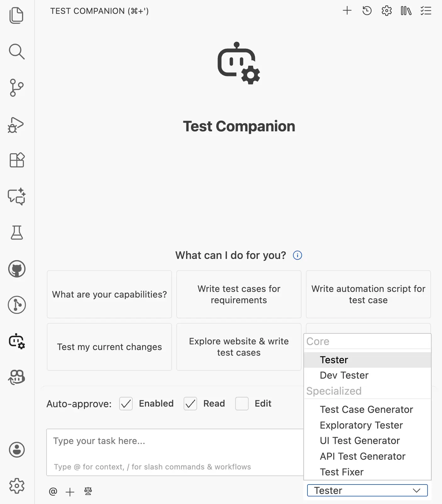 Select an agent from the chat dropdown in the Test Companion panel