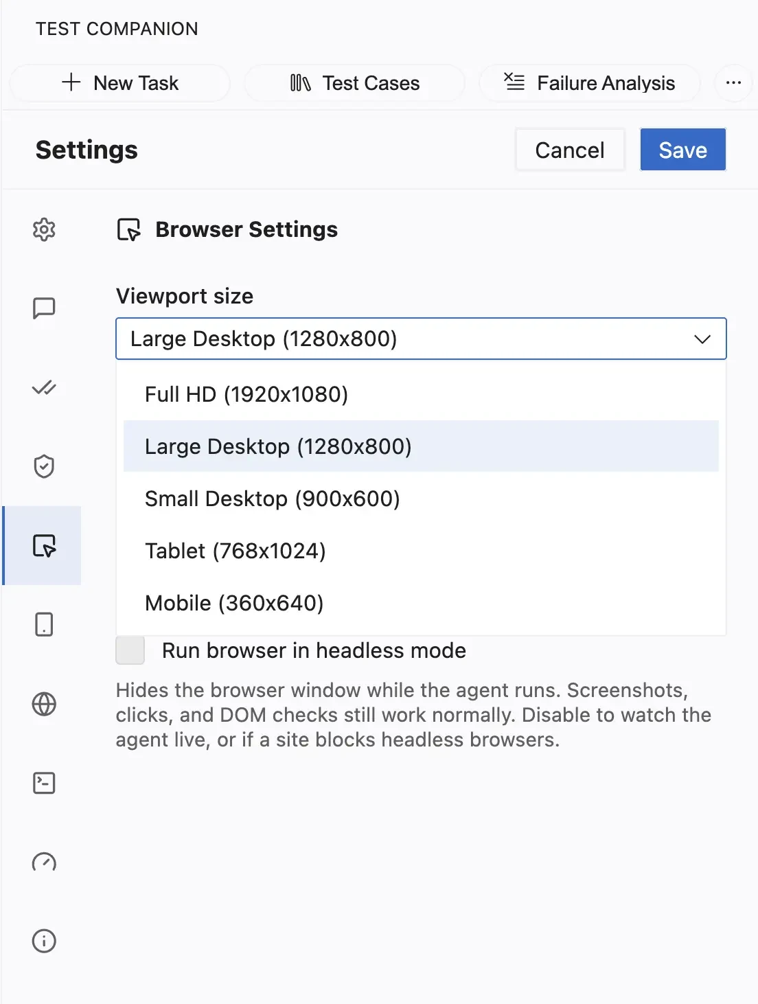 Viewport size dropdown expanded, showing Full HD, Large Desktop, Small Desktop, Tablet, and Mobile options
