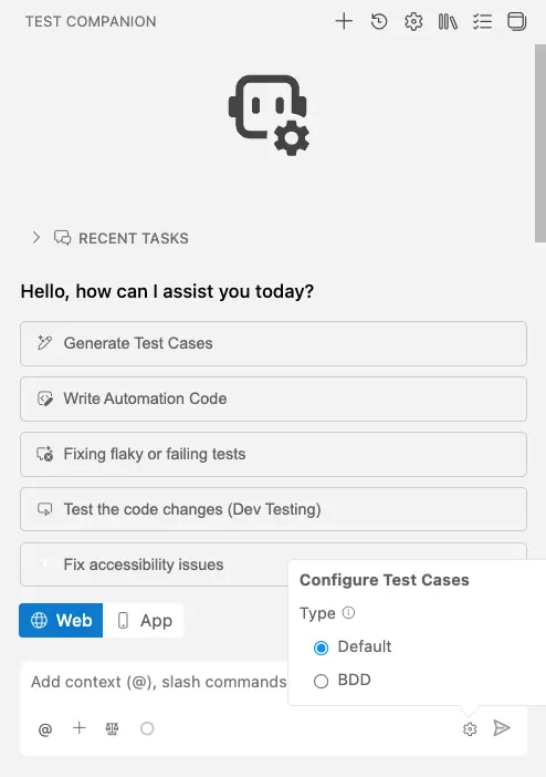 The Configure Test Cases panel showing the Default and BDD type options
