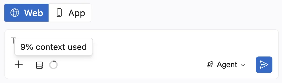 Chat toolbar with the context ring next to the + icon and a tooltip reading 9% context used
