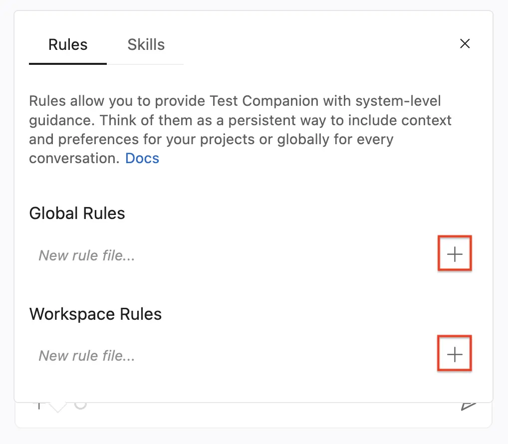 The Rules tab with the plus buttons beside the Global Rules and Workspace Rules fields highlighted