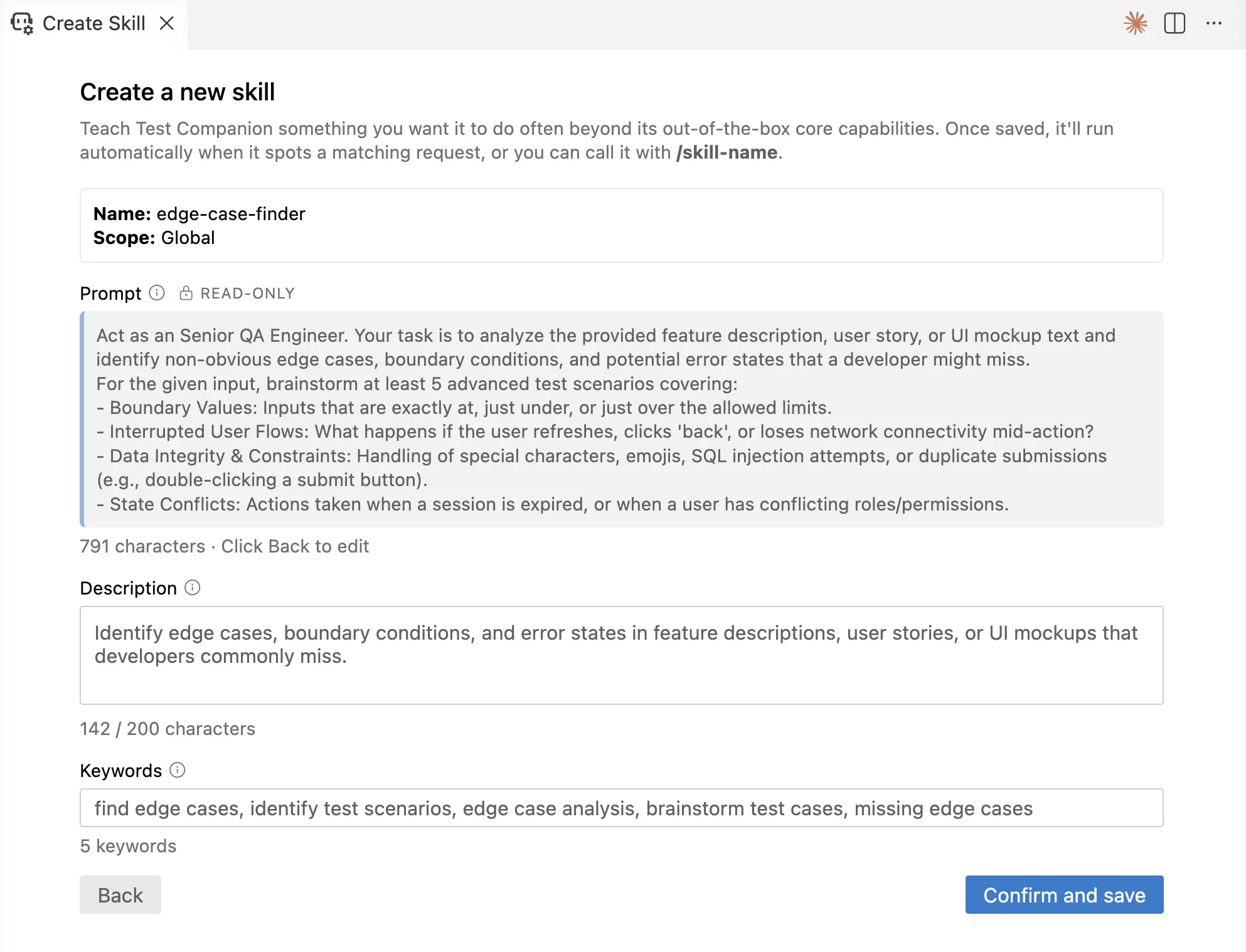Review step of skill creation showing the generated description and keywords ready for edits