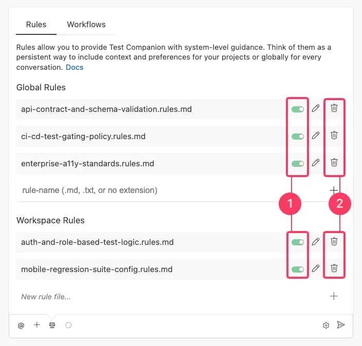 Toggle to disable a rule and click trash icon to delete