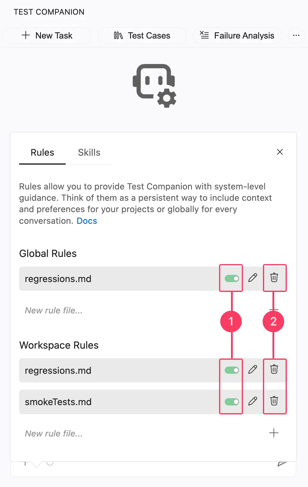The Rules tab listing global and workspace rules, with the enable toggle marked 1 and the delete icon marked 2