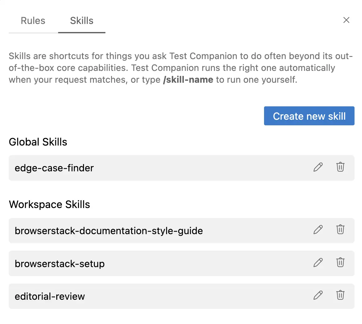 A skill row in the panel with edit and delete icons available