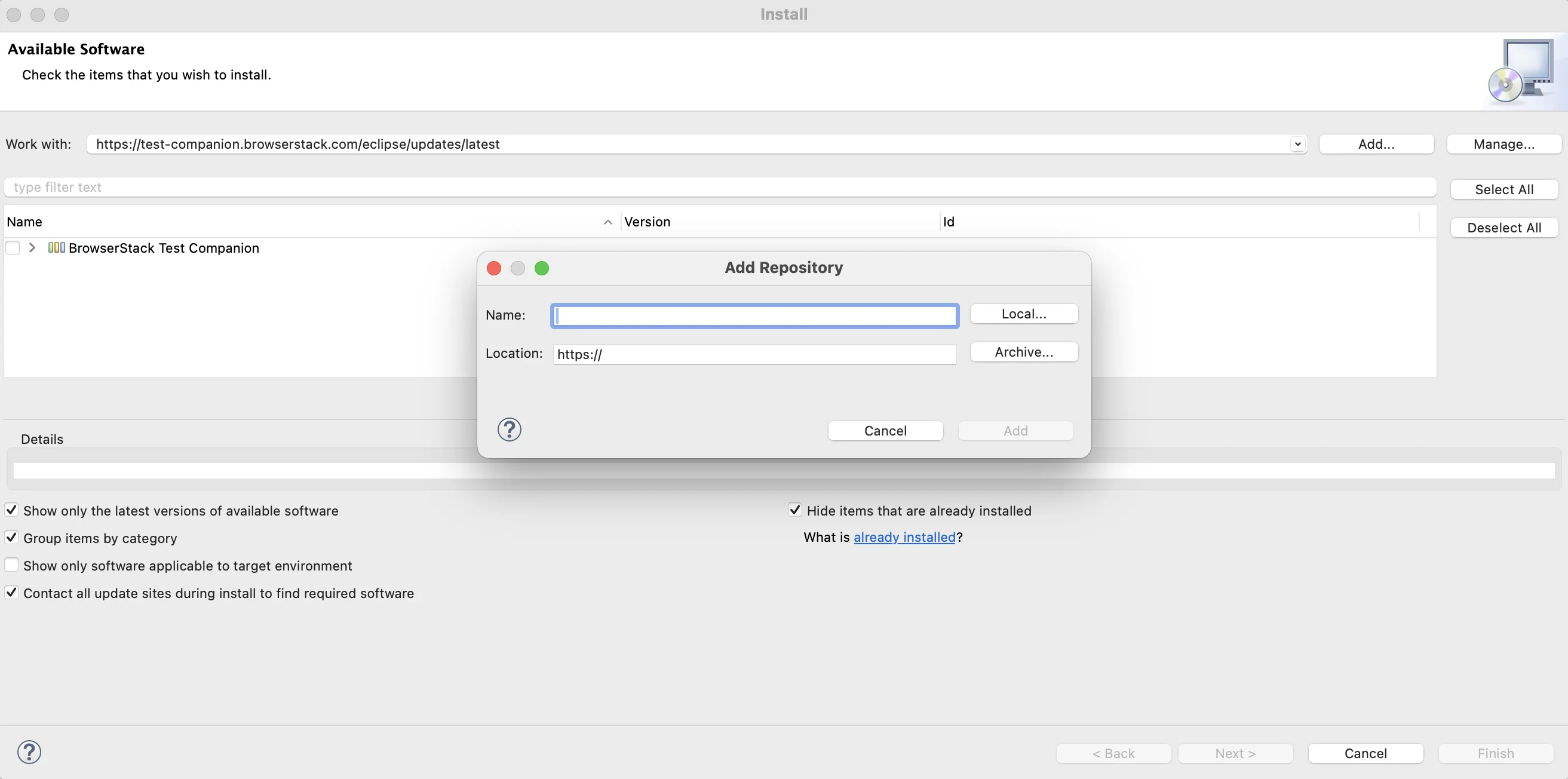 Add Repository dialog with empty Name and Location boxes above the Install dialog