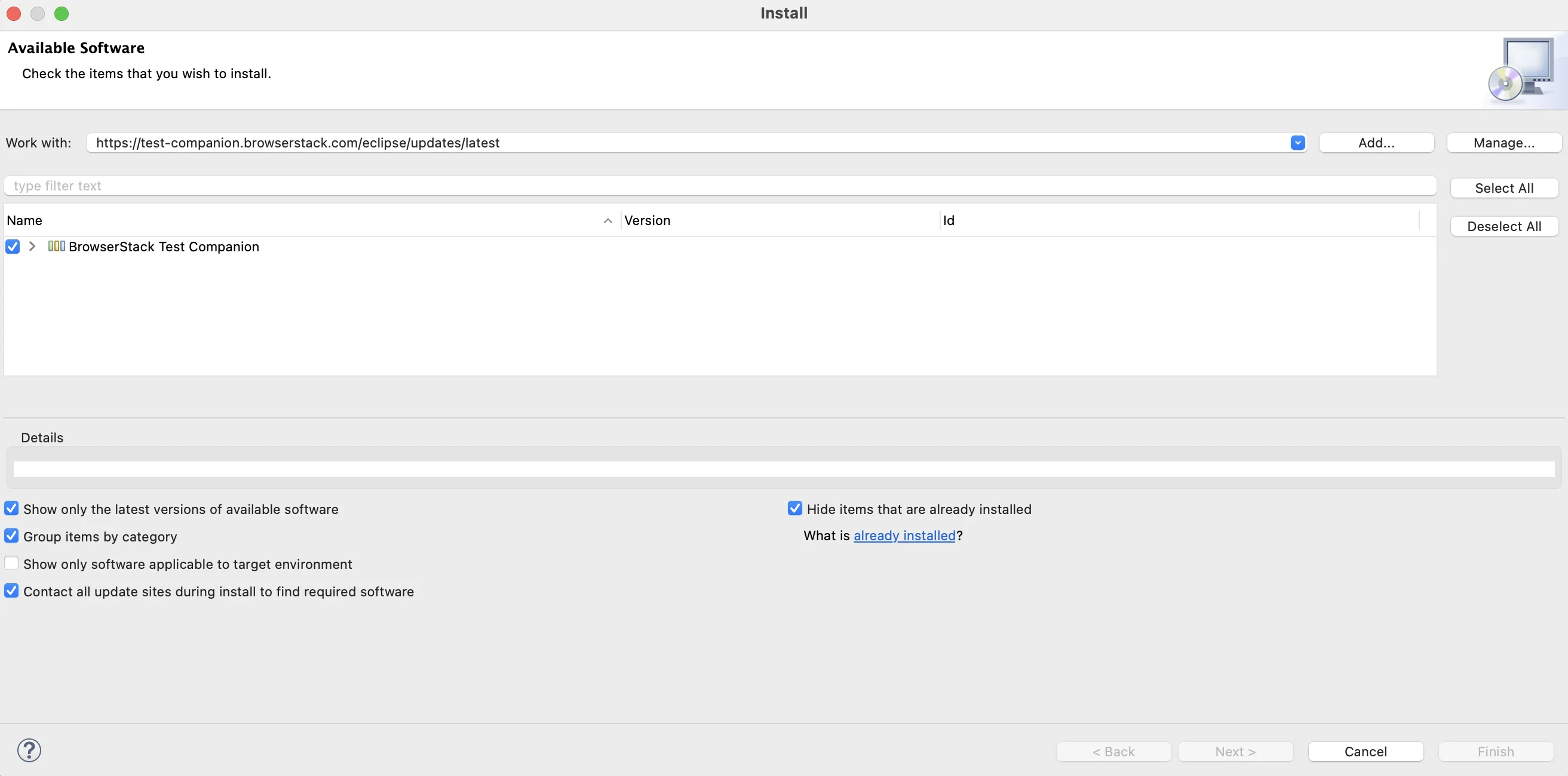 Install dialog with the BrowserStack update site in the Work with box and the BrowserStack Test Companion check box selected