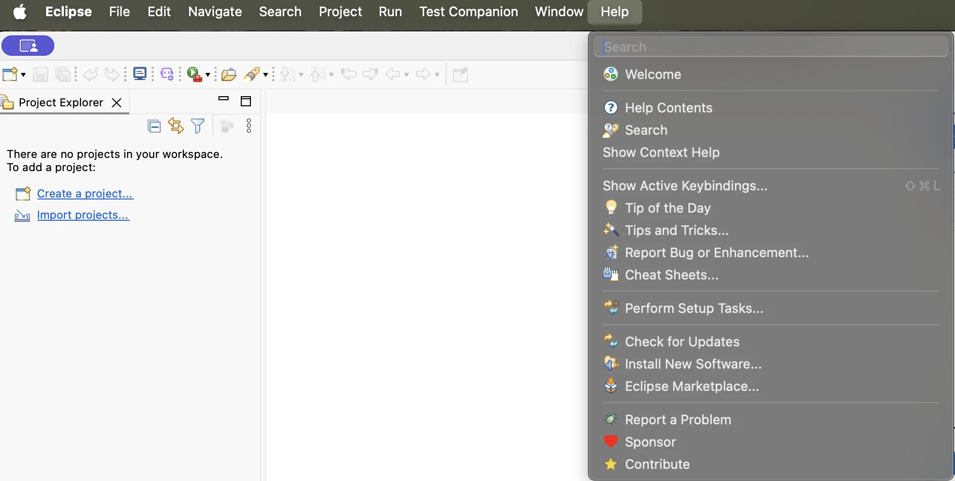 Help menu open in Eclipse with the Eclipse Marketplace, Install New Software, and Check for Updates commands listed